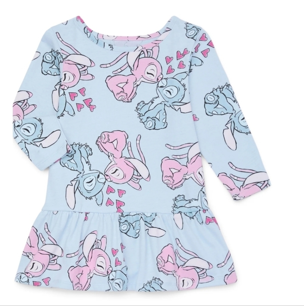 Stitch Toddler Girls Print Drop Waist Dress with Long Sleeves 12 Months